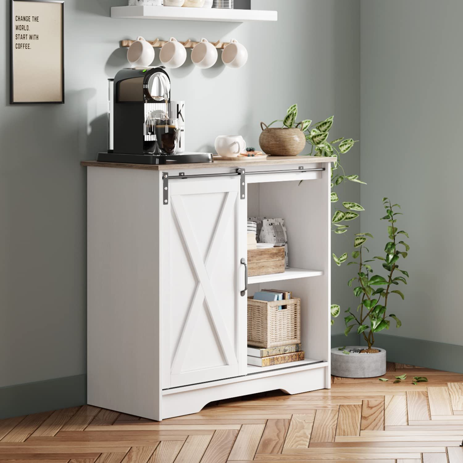 Farmhouse Coffee Bar Cabinet White Modern Kitchen Sliding Barn Door Storage Credenza Sideboard Bu... | Amazon (US)