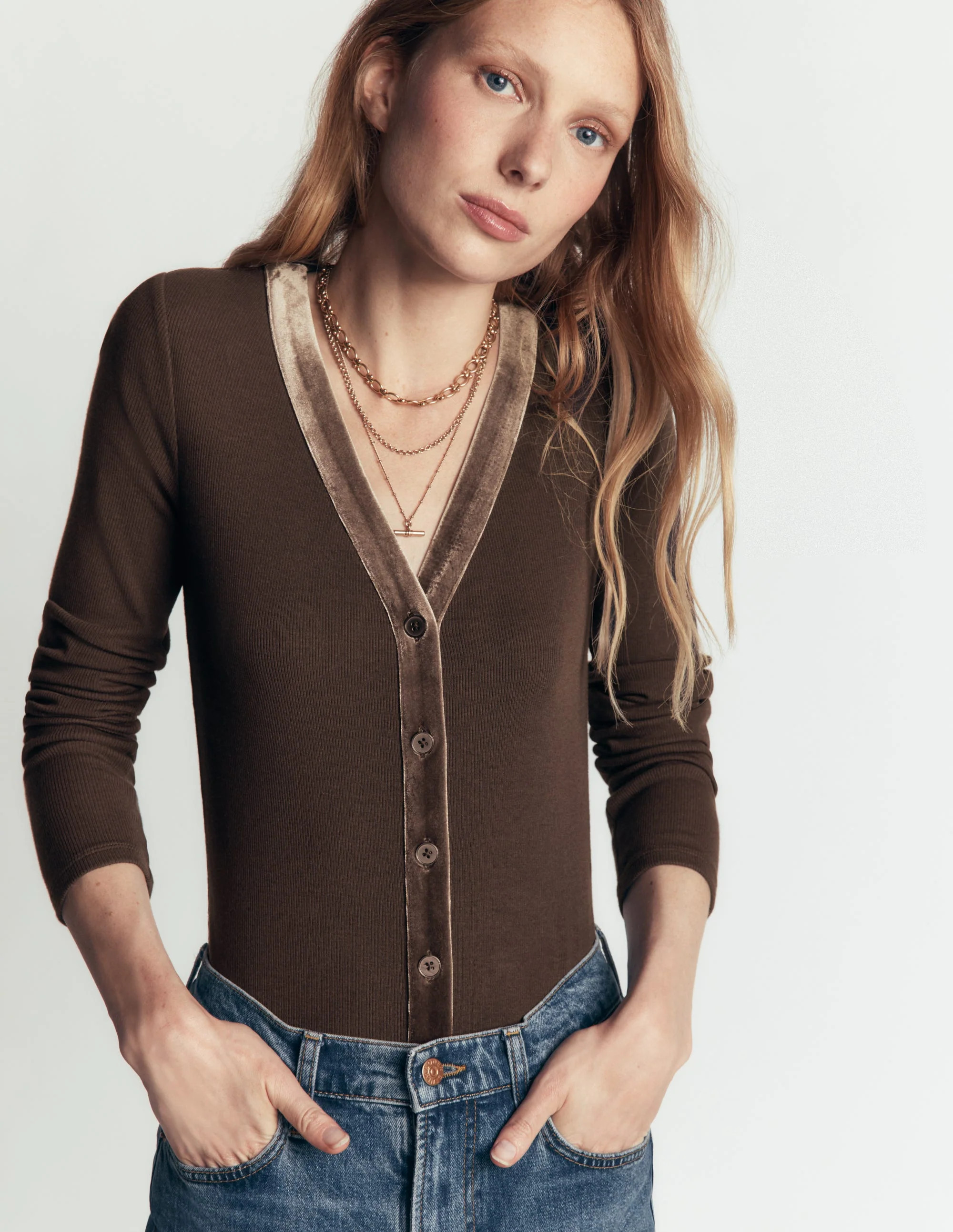 Velvet Trimmed V-Neck Top-Bitter Chocolate | Boden (US)