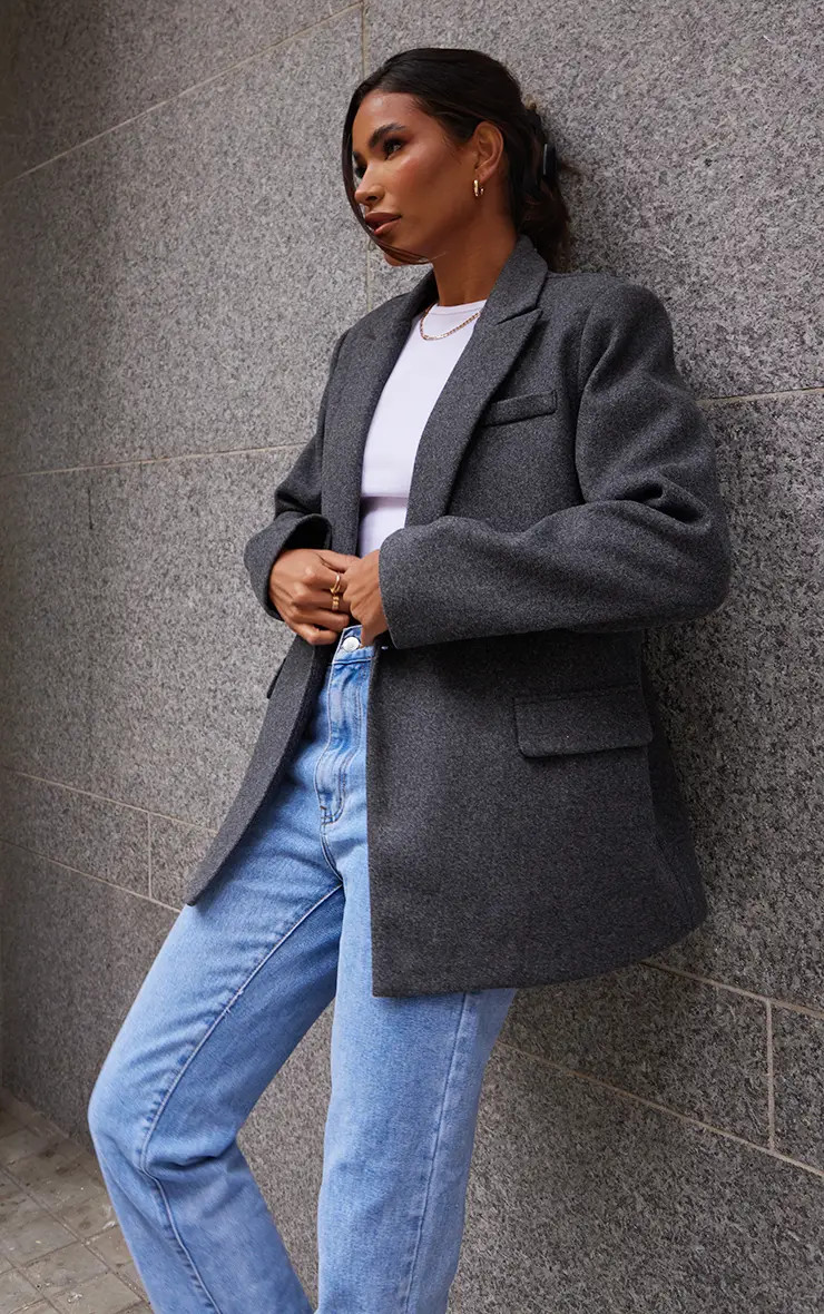 Grey Wool Look Double Breasted Blazer | PrettyLittleThing UK