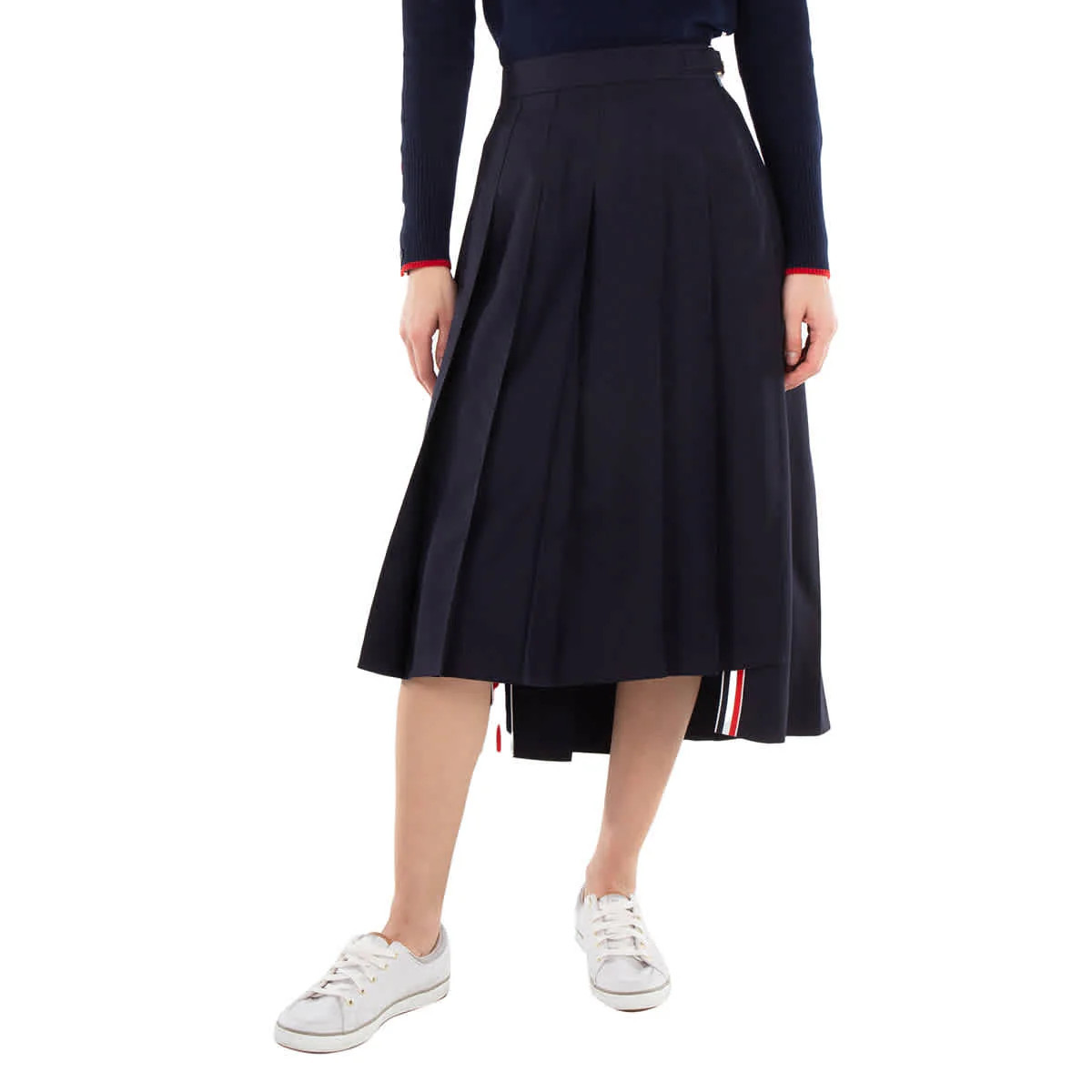 Thom Browne Ladies Navy Twill Pleated Midi Skirt | Shop Simon
