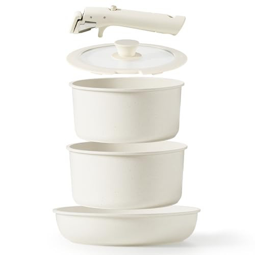 CAROTE 5pcs Pots and Pans Set Non Stick, Cookware Sets, Kitchen Set, Oven/Dishwasher/Fridge Safe, Space Saving Pots Set, Nonstick Set with Versatile Detachable Handle, Induction RV Set, Cream | Amazon (US)