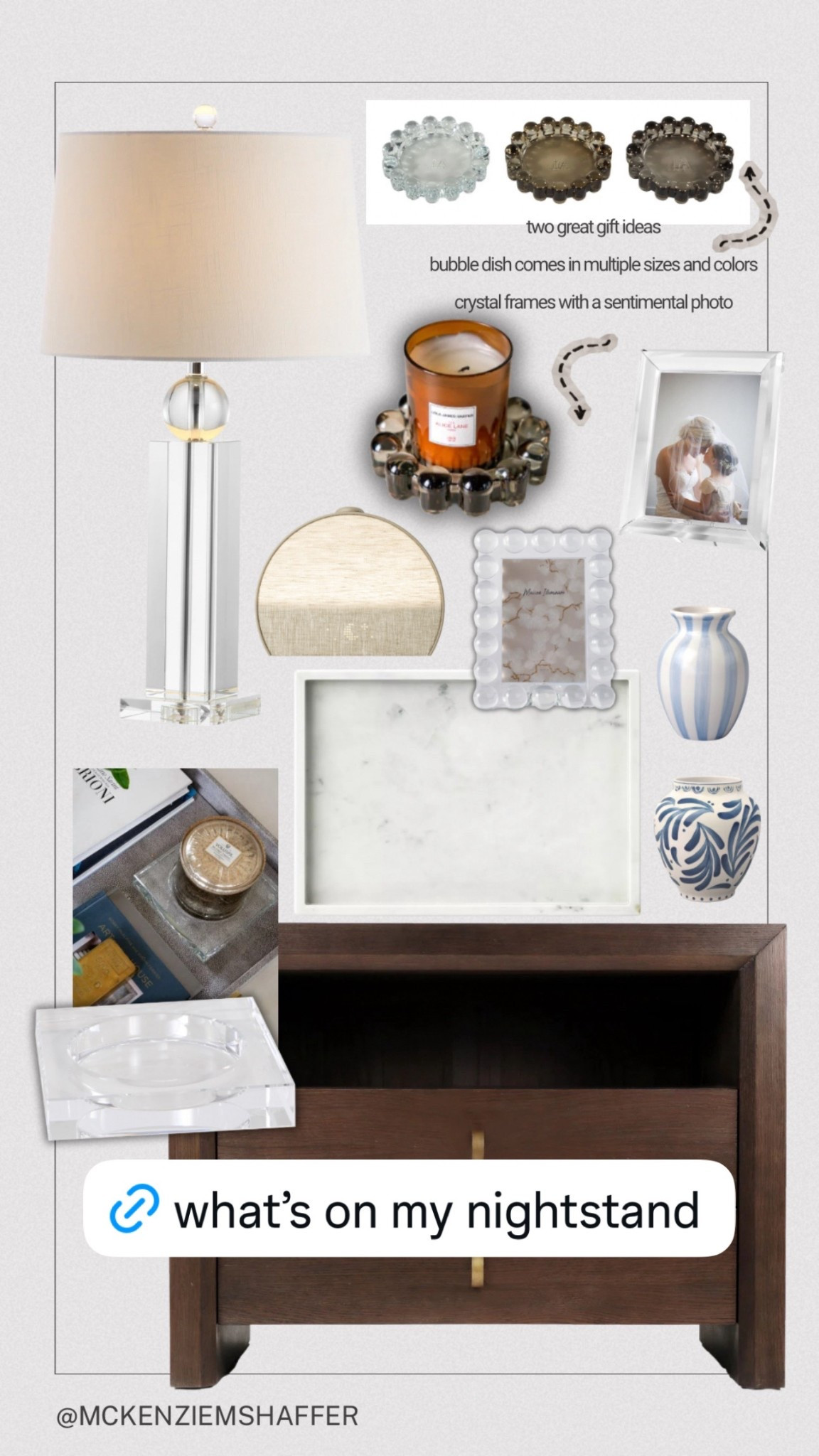 shop what’s on my nightstand 🤎

- Miles Alice Lane nightstand in hazelnut
- crystal table lamps, mine are from homegoods, linked similar
- Alice Lane bubble candle dish, comes in multiple sizes and colors
- Target marble tray
- Hatch restore 3 in puddy
- crystal photo frames, make great gifts
- Alice Lane crystal candle dish, mine is size large

home decor | home decorating | interiors | primary bedroom style | master bedroom style | Alice Lane “the very best sale"

#LTKHome #LTKSaleAlert #LTKmomlife