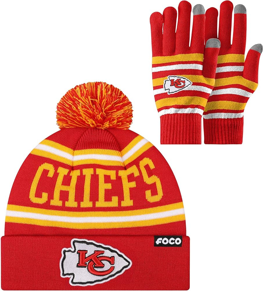FOCO NFL unisex-adult Nfl Team Logo Adult Stretch Gloves With Stripe Pom Winter Knit Hat Beanie S... | Amazon (US)