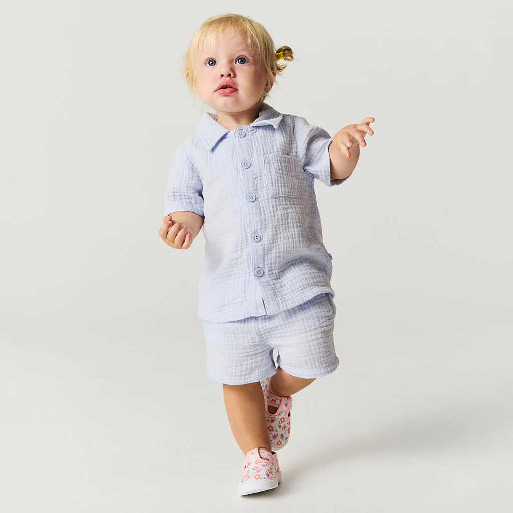 Solids Blue Short Sleeve Halogen Blue Cotton Crinkle Button Down Short Set | Posh Peanut® | Posh Peanut