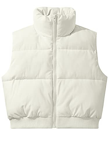 MEROKEETY Women's Crop Puffer Vest Stand Collar Sleeveless Zip Up Lightweight Fall Padded Gilet Coat,B-Beige,L | Amazon (US)