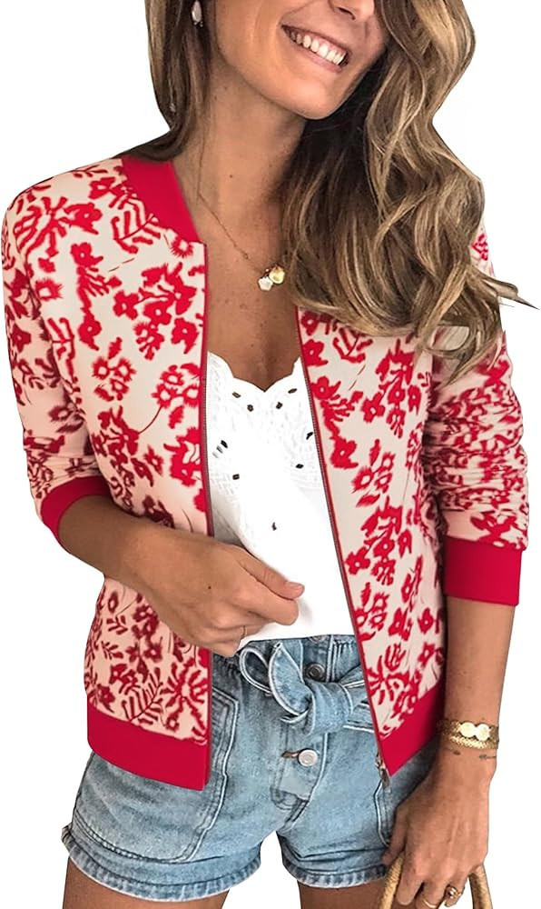 ECOWISH Women's Casual Floral Zip Up Bomber Jacket Coat Lightweight Short Camo No Lining Outwear ... | Amazon (US)