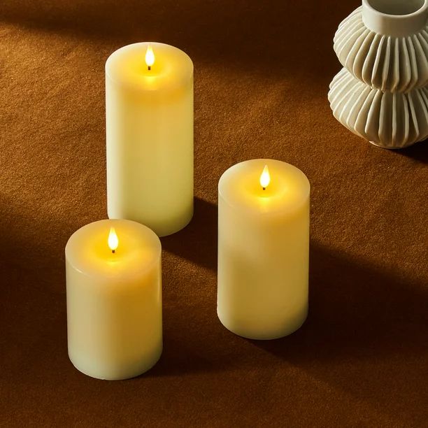 LampLust Ivory Flameless Flickering Ivory Candles, Set of 3 - 3x4" 3x5" 3x6" Real Wax Ivory Pilla... | Walmart (US)