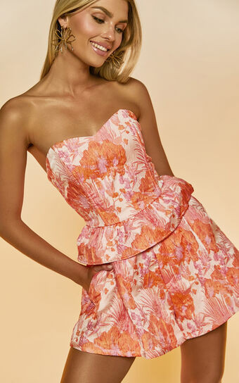 Hailey Top - Jacquard Strapless Peplum Top in Pink & Orange | Showpo (US, UK & Europe)