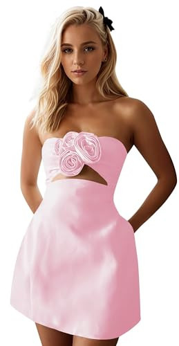 Monvelli Women's Pink 3D Flowers Homecoming Dresses 2026 for Teens Floral Satin Short Prom Ball Gowns with Pockets Size 16 | Amazon (US)