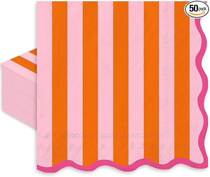 JarThenaAMCS 50 Pcs Pink Orange Cocktail Napkin Disposable Paper Napkin Stripe Scalloped Drink Be... | Amazon (US)