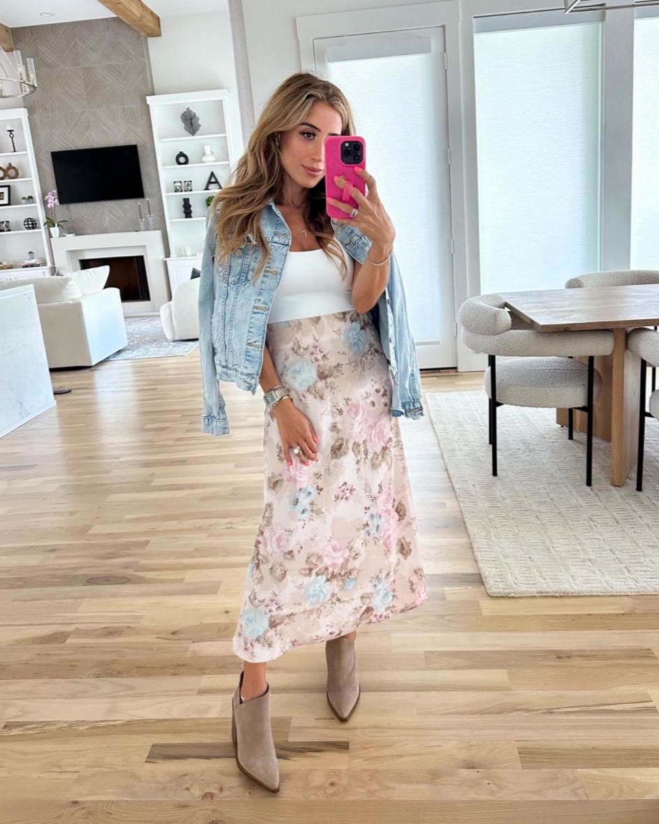 Floral silk skirt siZe xs white tee xs denim jacket booties Nordstrom sale 

#LTKunder100 #LTKxNSale #LTKsalealert