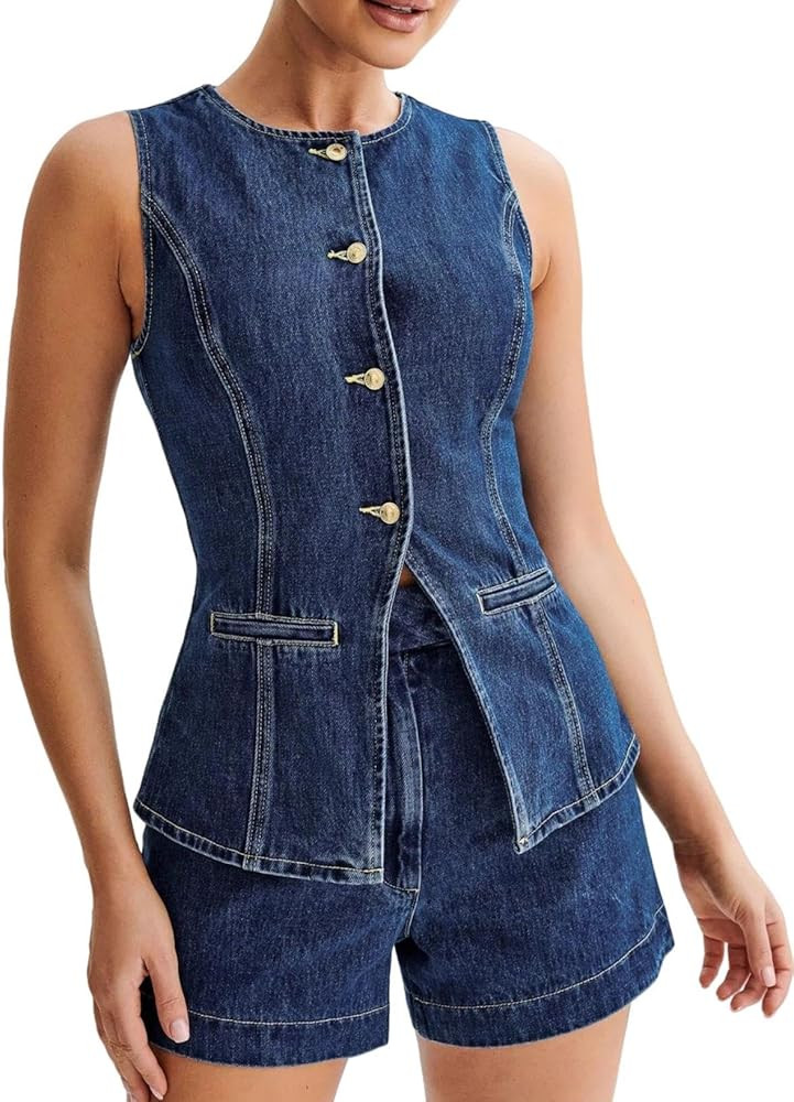 Women's Denim 2 Piece Set Casual Sleeveless Button Down Blazer Vest Tops and High Waist Short Pan... | Amazon (US)