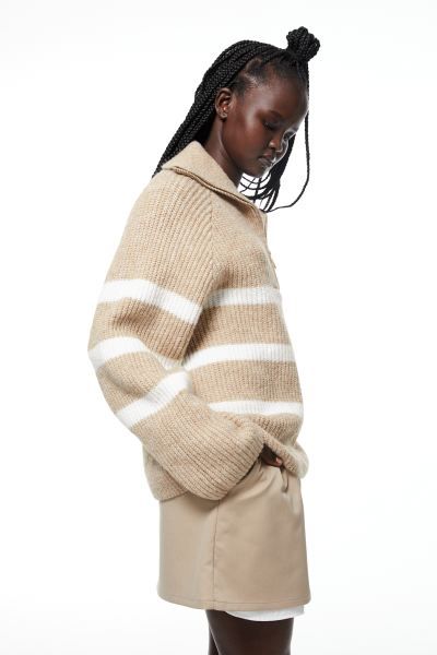 Oversized Half-zip Sweater - Beige/striped - Ladies | H&M US | H&M (US + CA)