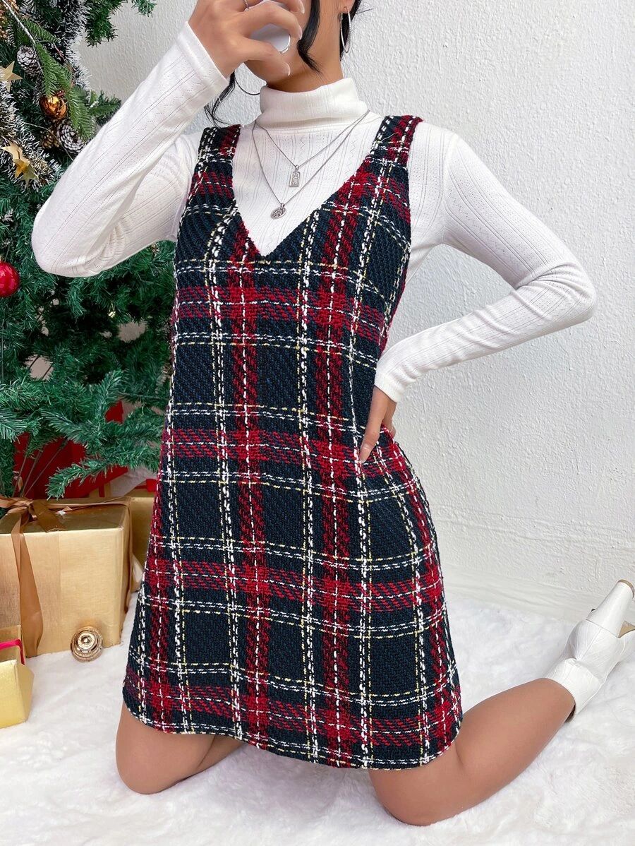 Plaid Print Tweed Overall Dress Without Top
   
      SKU: sw2209200522757125
          (1 Review... | SHEIN