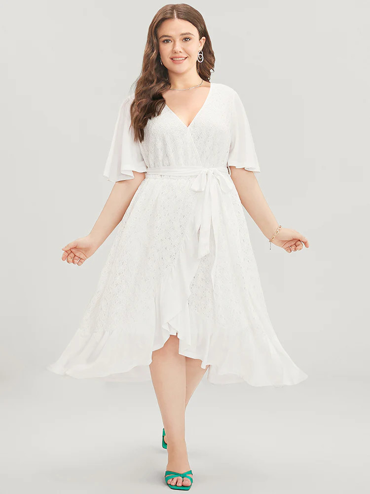 Plain Wrap Ruffles Pocket Belted Eyelet Lace Dress | Bloomchic