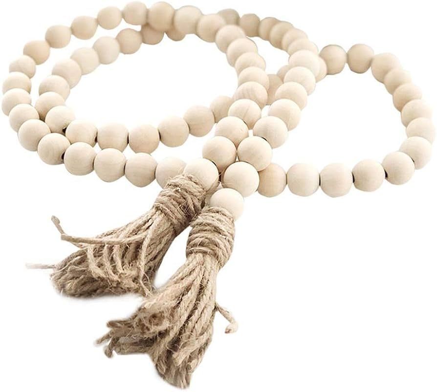 Farmhouse Beads 58in Wood Bead Garland with Tassels Rustic Country Decor Prayer Boho Beads Big Wall  | Amazon (US)