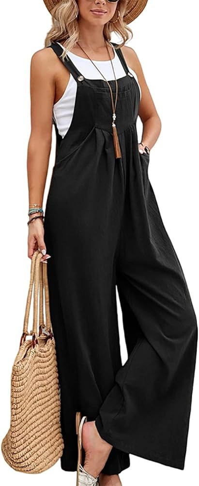 Women Straps Bib Casual Overalls Wide Leg Loose Sleeveless Suspender Jumpsuit With Pockets | Amazon (US)