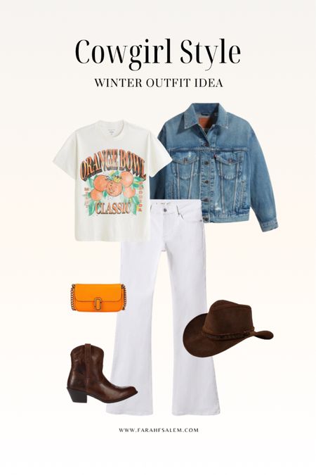 Western style outfit😍 perfect for a country concert
Denim jacket, graphic tee, cowboy boots, cowboy hat, Marc jacobs bag, white jeans. 

#LTKstyletip #LTKSeasonal