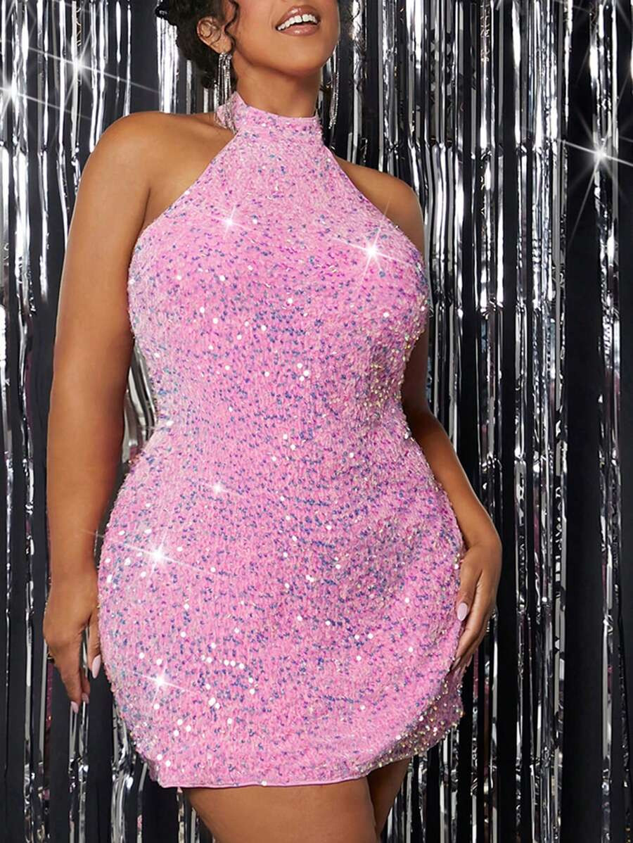 SHEIN CURVE+ Plus Halter Neck Backless Sequin Bodycon Dress | SHEIN