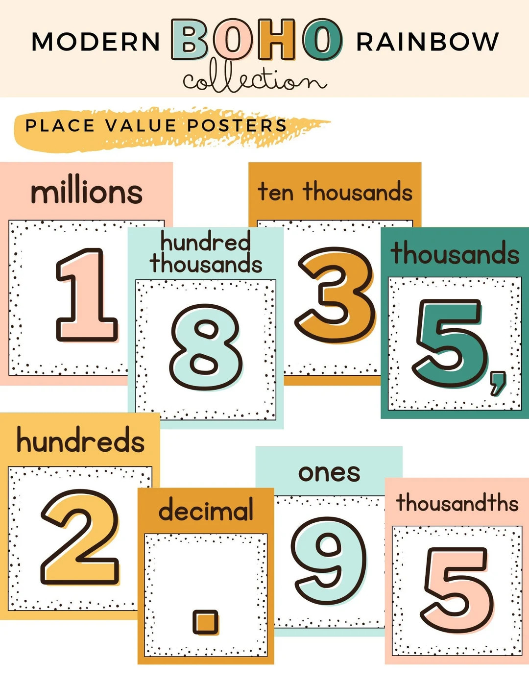Modern Boho Rainbow Place Value Classroom Posters | Etsy (US)