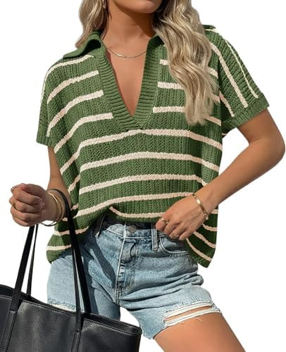 Saodimallsu Womens Striped Short Sleeve Sweater Tops Summer V Neck Collared Trendy Casual Loose K... | Amazon (US)