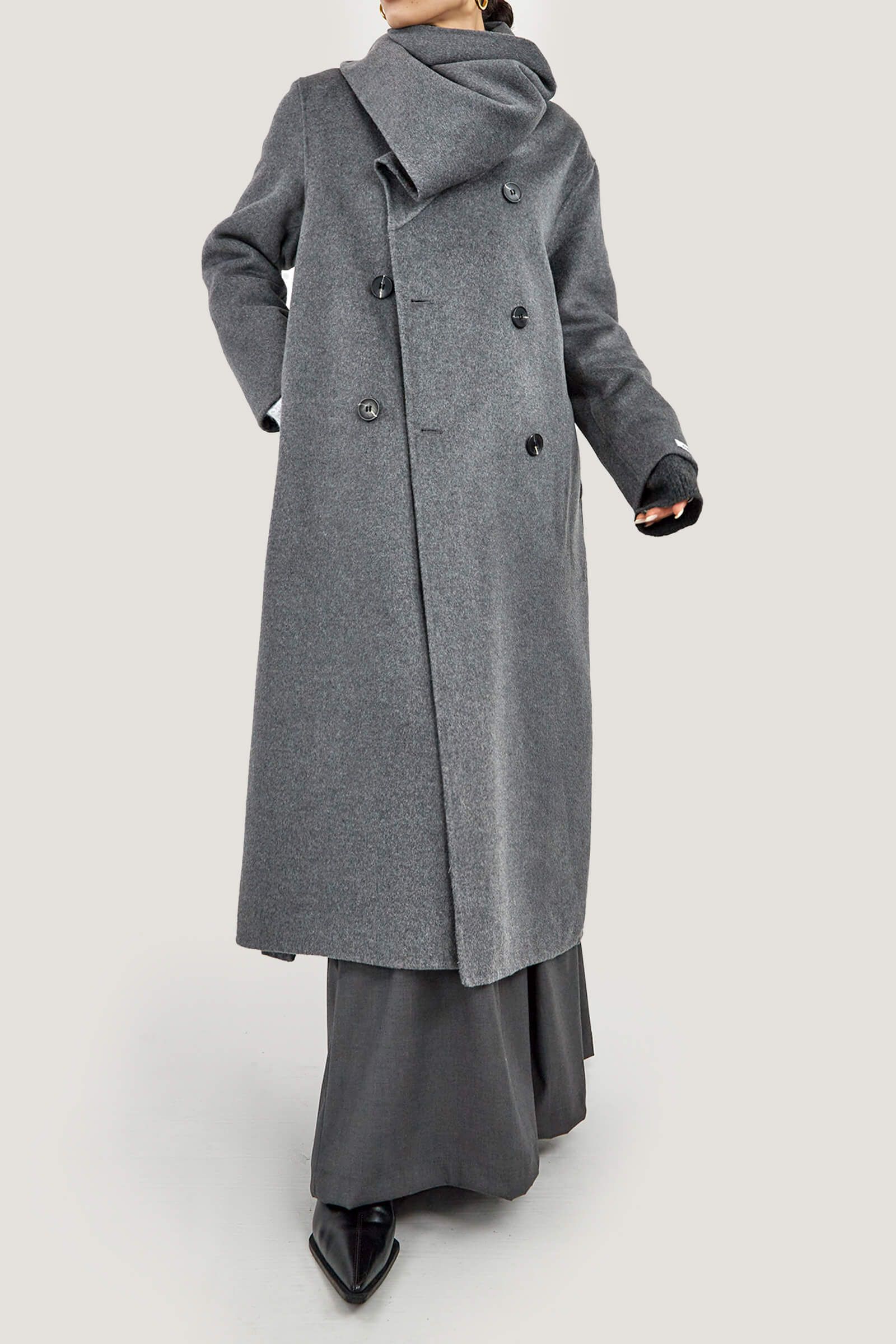 Dim Grey 100% Wool Long Double-Breasted Scarf Collar Coat | J.ING