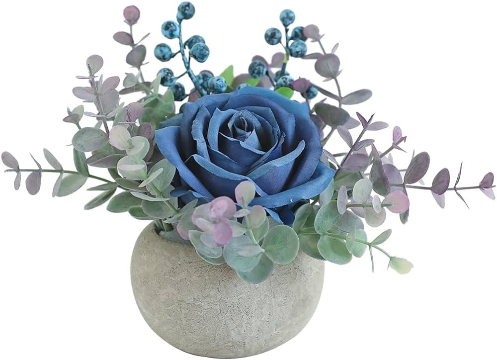 Artificial Flowers Kit with Pot, Combination of Fake Silk Blue Roses and Greenery,Small Plant Pot... | Amazon (US)
