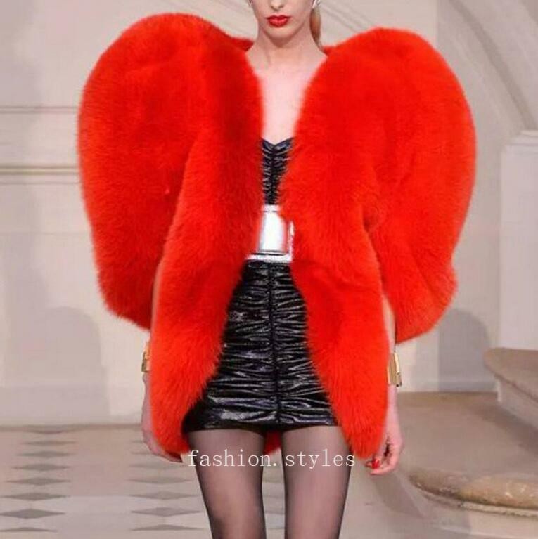 Red 3D Love Heart Shaped Womens Cape Coat Faux Fox Fur Shaggy Jacket Party Cloak | eBay US