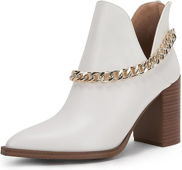 Womens Cutout Booties Chain Pointed Toe Stacked High Heel Back Zipper Casual Ankle Boots | Amazon (US)