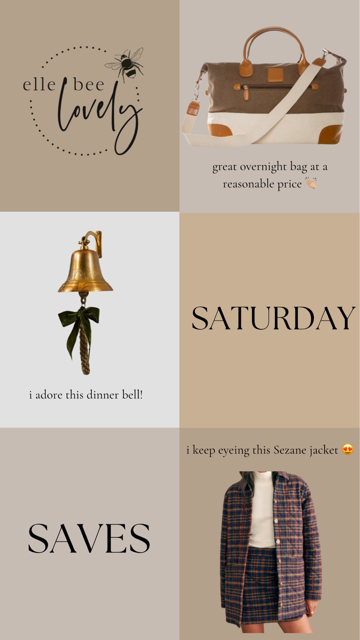 Saturday Saves with a dreamy dinner bell, a great overnight bag and a plaid jacket that would be the perfect wardrobe addition 🤗😊

#LTKHome #LTKSeasonal #LTKTravel