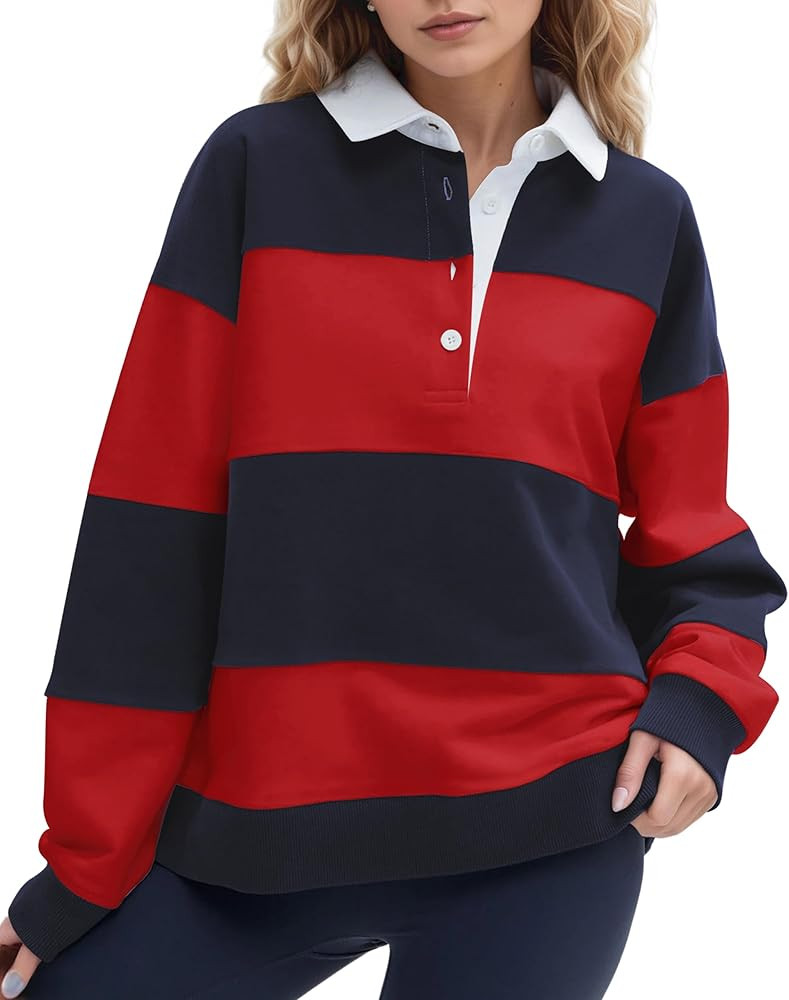 Women Oversized Striped Polo Sweatshirt Color Block Lapel Collared Pullover Tops Striped Long Sle... | Amazon (US)