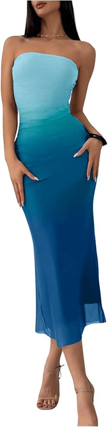 GORGLITTER Women's Strapless Mesh Dinner Cocktail Tube Maxi Dress Y2K Summer Wedding Guest Sunset... | Amazon (US)
