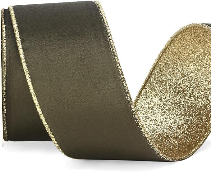 Ribbli Dark Moss Velvet Wired Ribbon 2.5 Inch Moss Green Velvet with Gold Glitter Christmas Ribbo... | Amazon (US)