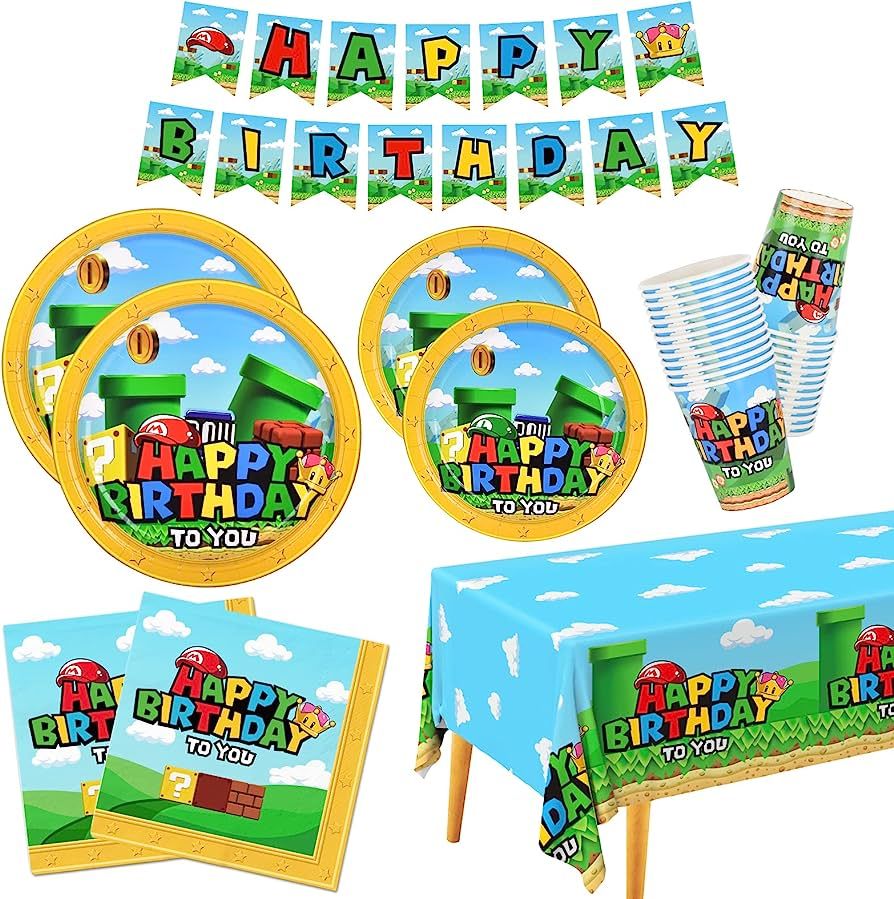 Super Brothers Party Supplies Disposable Paper Plates Napkins Cups Tablecloth and Banner for Super B | Amazon (US)