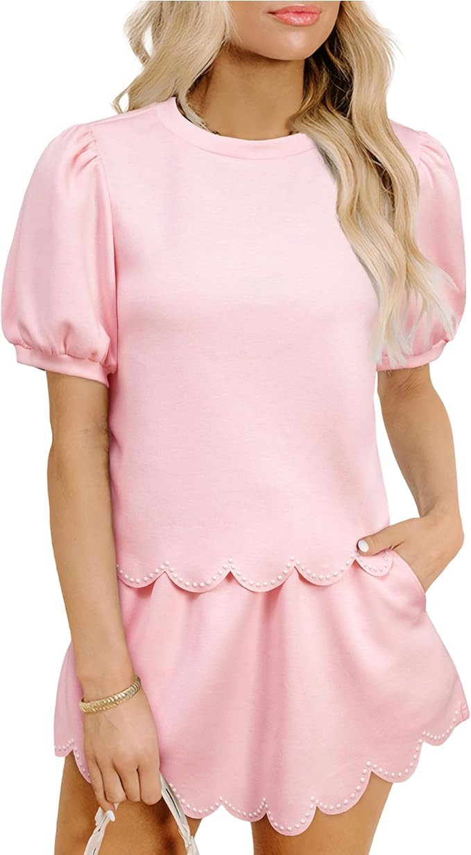 Urchics Two Piece Skirt Sets for Women Puff Sleeve Pearl Scallop Trim Skort Set 2026 Summer Match... | Amazon (US)