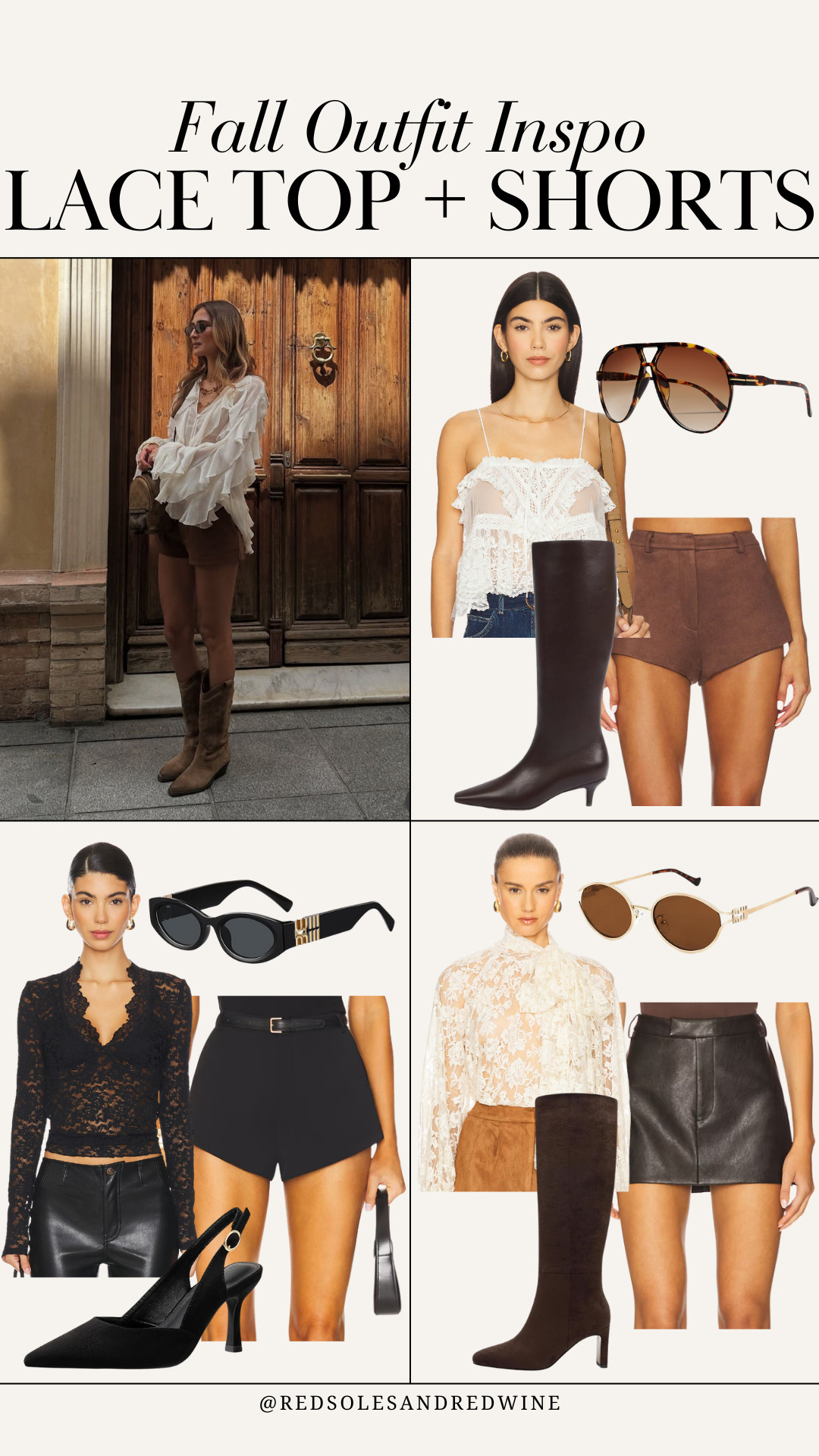 Fall outfit inspo I love - lace top and shorts! Lace tops, fall outfit, fall style, fall aesthetic looks, street style, amazon sunglasses, fall boots, kitten heel, mini shorts, leather 

 

#LTKSeasonal #LTKStyleTip #LTKSwim