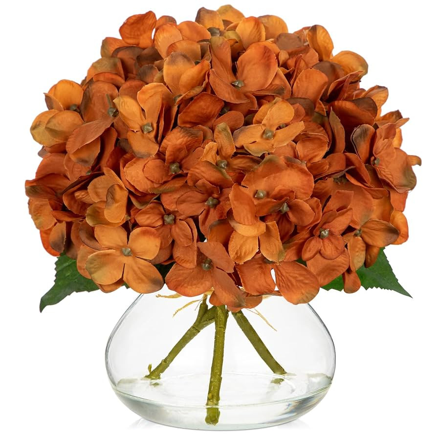 Hollyone Dark Orange Hydrangea Fall Flowers Artificial for Decoration with Glass Vase Silk Faux F... | Amazon (US)