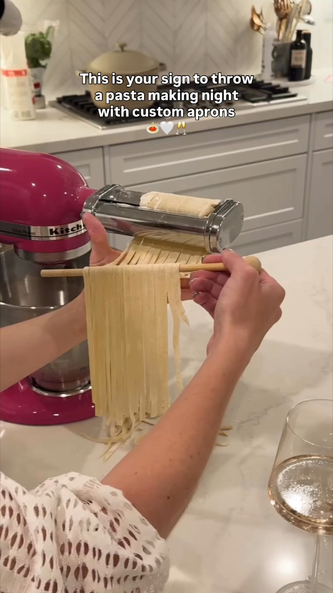 Last month, I hosted a pasta making night in with some girlfriends and surprise them with custom embroidered aprons with their names and our book club logo on them. Pink KitchenAid, stand mixer, KitchenAid, pasta, attachment, custom aprons, custom, menu cards, custom, pink cards, Etsy, custom cards, Etsy custom aprons. 

#LTKHome #LTKParties