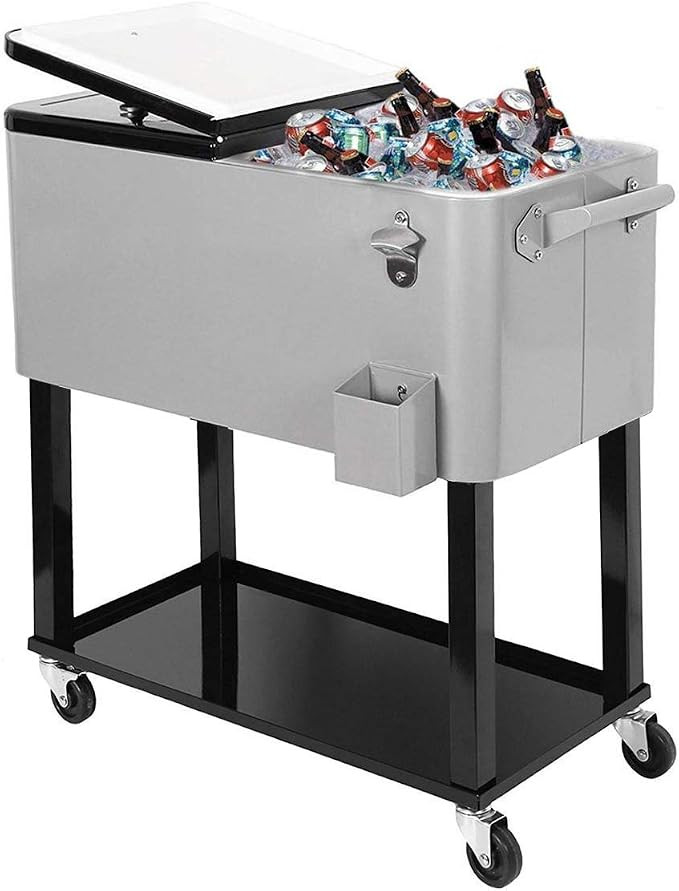 80 Quart Qt Rolling Cooler Ice Chest for Outdoor Patio Deck Party, Grey, Portable Party Bar Cold ... | Amazon (US)