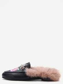 Black Rose Embroidered PU Fur Trim Loafer Slippers | Romwe
