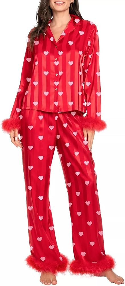 Juakoso Women Feather Trim Pajama Set Valentine’s Day 2 Piece Long Sleeve Button Up Shirt Pants... | Amazon (US)