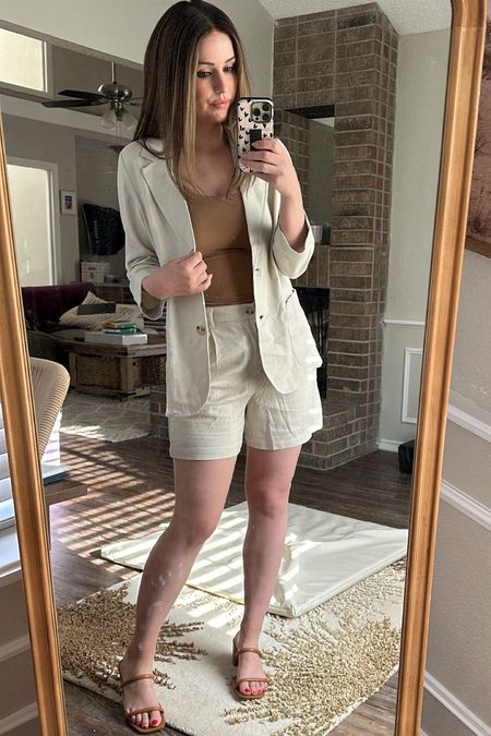 Walmart linen blazer & shorts. Size small in both! Bodysuit is a Target dupe for Skims and need to size up to a large 

#LTKstyletip #LTKfindsunder50 #LTKfindsunder100