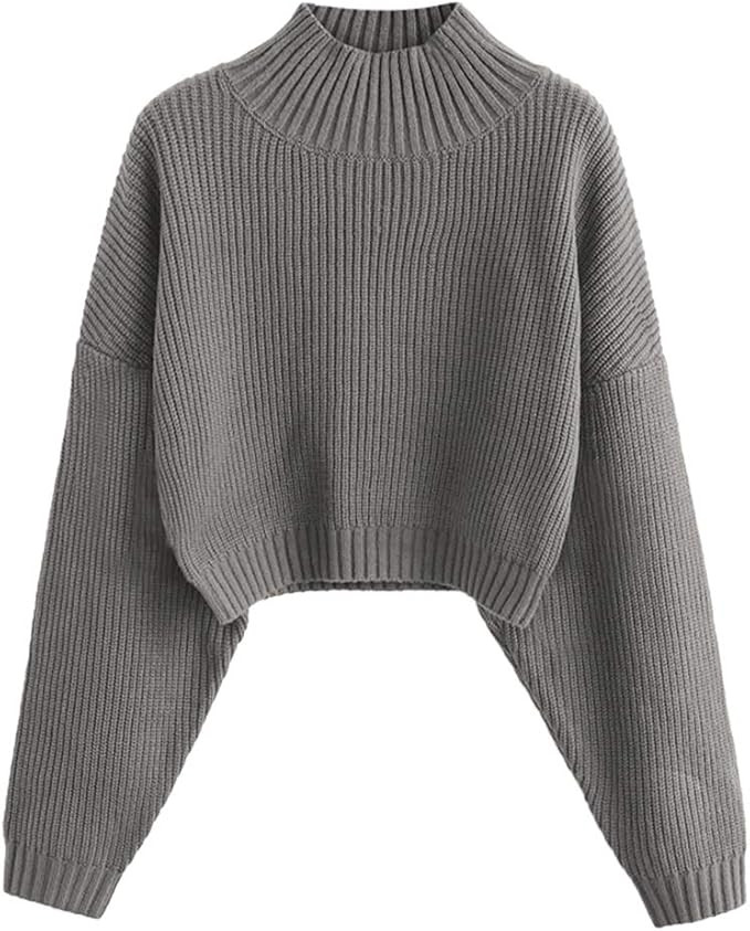ZAFUL Women's High Neck Lantern Sleeve Ribbed Knit Pullover Crop Sweater Jumper | Amazon (US)