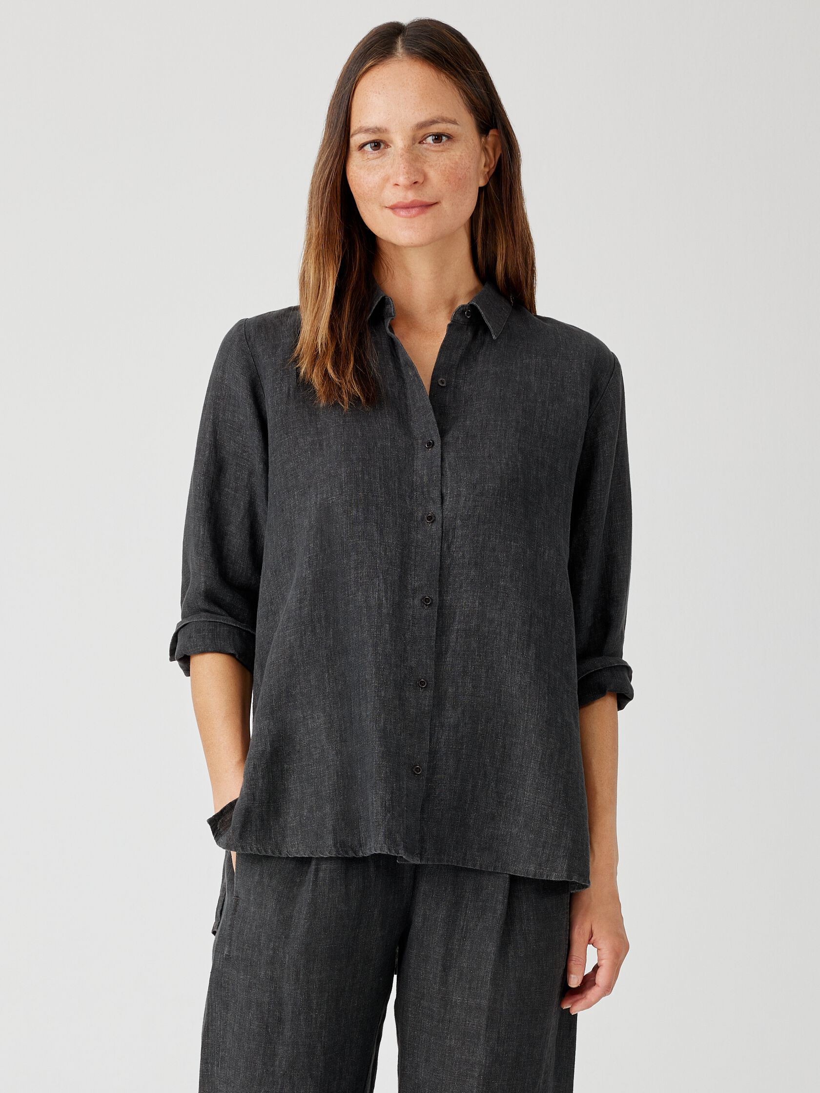 Washed Organic Linen Delave Classic Collar Shirt | Eileen Fisher