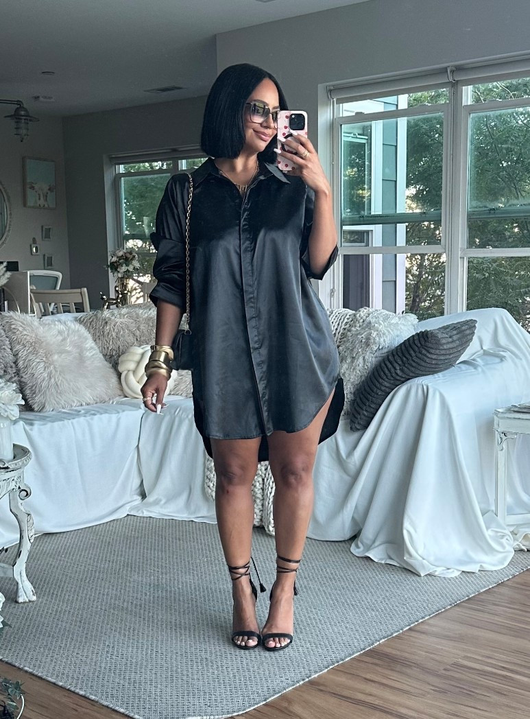 A shirt but make it a dress 💁🏽‍♀️ 

Exact shirt is from Fashion Nova

date outfit, shirtdress, strappy heels, black outfit, over 40

#LTKStyleTip #LTKOver40 #LTKFindsUnder50