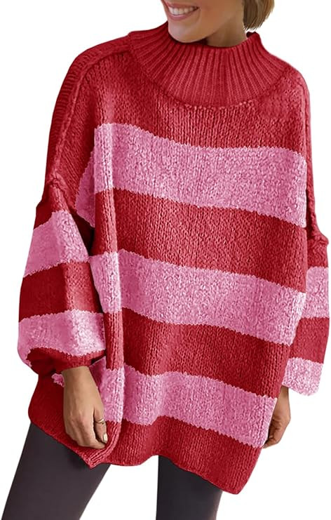 Saodimallsu Womens Oversized Striped Sweater Mock Neck Chunky Knit Lantern Long Sleeve Fall Trend... | Amazon (US)
