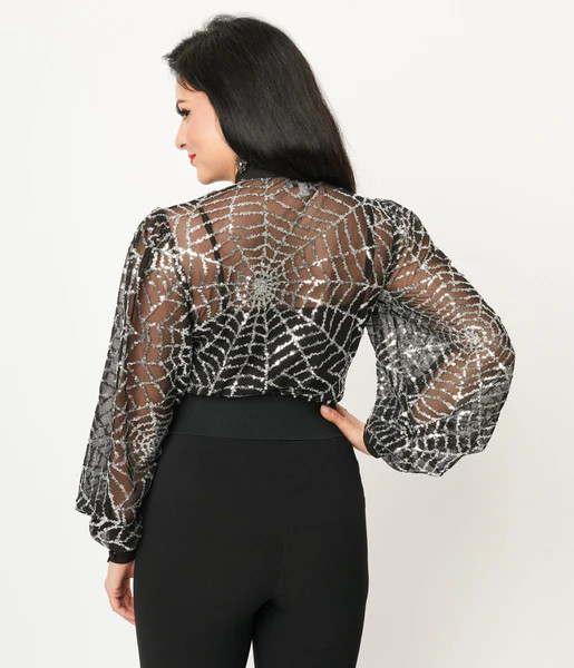 Unique Vintage Black & Silver Sequin Spiderweb Sheer Gwen Blouse | UniqueVintage