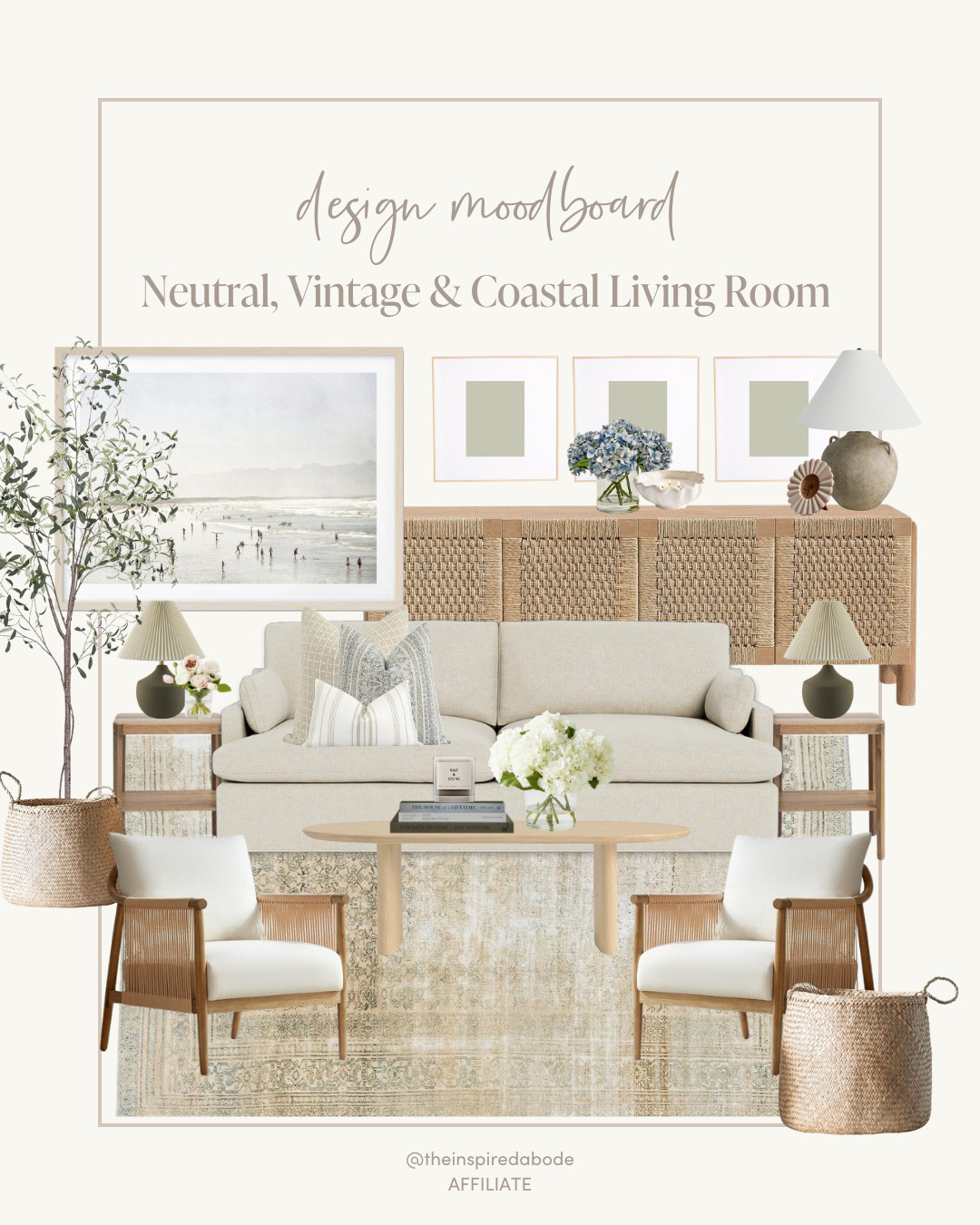 This is the mood for summer: neutral, vintage & coastal  🫶🏼 Whether you're starting fresh or slowly layering in new pieces, this look is built with timeless staples you can style season after season.

Soft textures, subtle blues, weathered woods, and classic silhouettes = effortless elegance. Shop everything featured, from the gorgeous vintage rug and budget-friendly seating to the artwork, lighting, and those beautiful faux florals 🌿 

 #LTKSummerEdit #LTKHome #LTKFindsUnder100