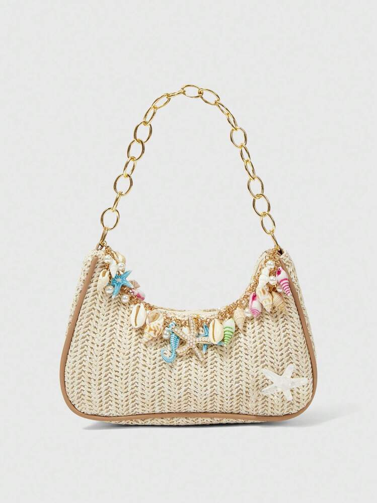 ROMWE Fairycore 1pc Summer Beach Starfish Series Shell & Seashell Woven Shoulder Hand Carry Bag, Beach Bag, Straw Handbag For Women (Charm Color & Style Randomly) , Summer | SHEIN