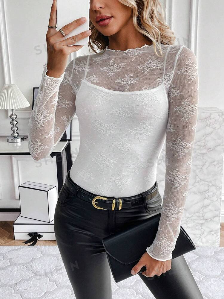 SHEIN Clasi Lettuce Edged Sheer Lace Top Without Camisole | SHEIN USA | SHEIN